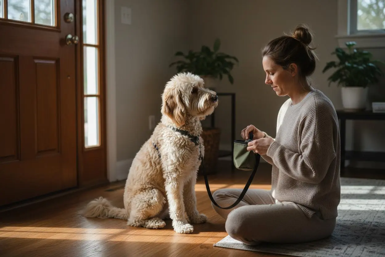 calm dog relaxed at home with owner