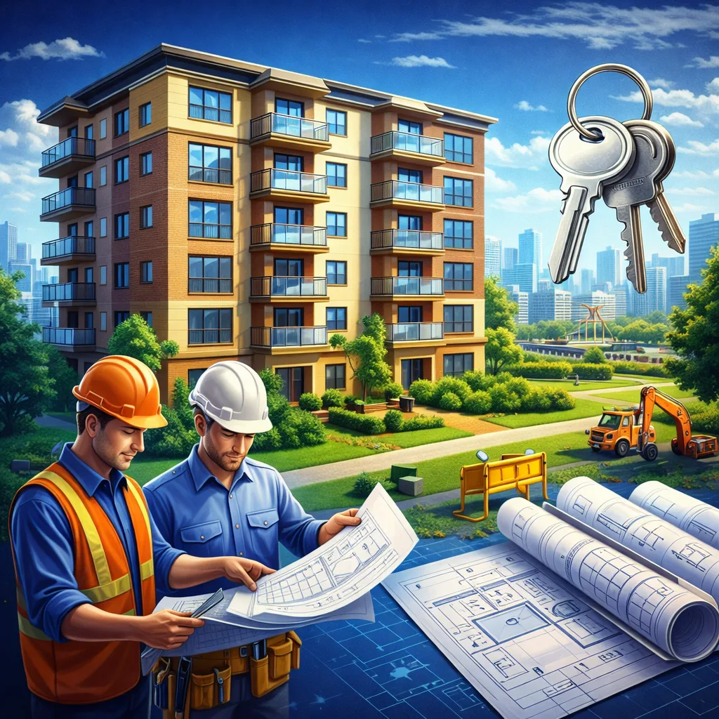 Ingénieurs analysant les plans d'un immeuble résidentiel multi-logements